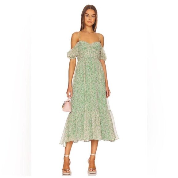 Bardot Dresses & Skirts - NWT Bardot Fauna Cold Shoulder Ruched Bodice Floral Midi Flare Dress Green Small